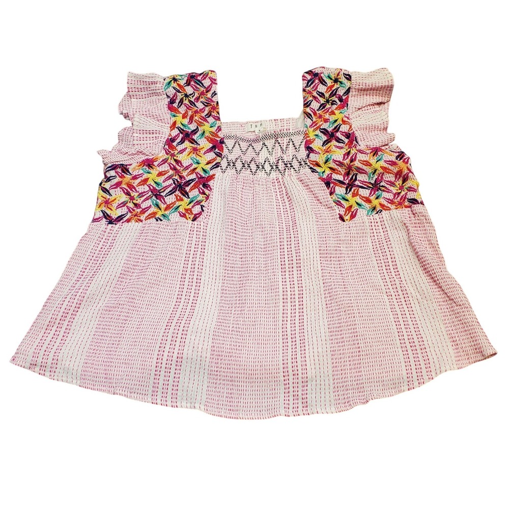 THML Embroidered Boho Blouse Top M Cotton Pink Red Blue Chevron Smocked Textured